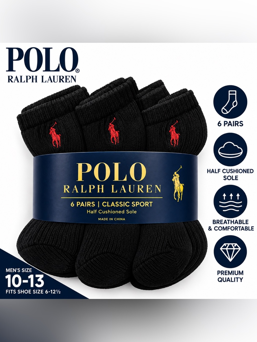 Polo by Ralph Lauren Black Classic Sport 6-Pack Socks